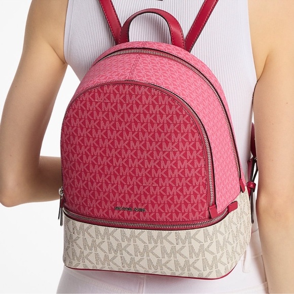Michael Kors Rhea Medium Color-Block Signature Logo Backpack Dark Rasberry Multi - Picture 5 of 11